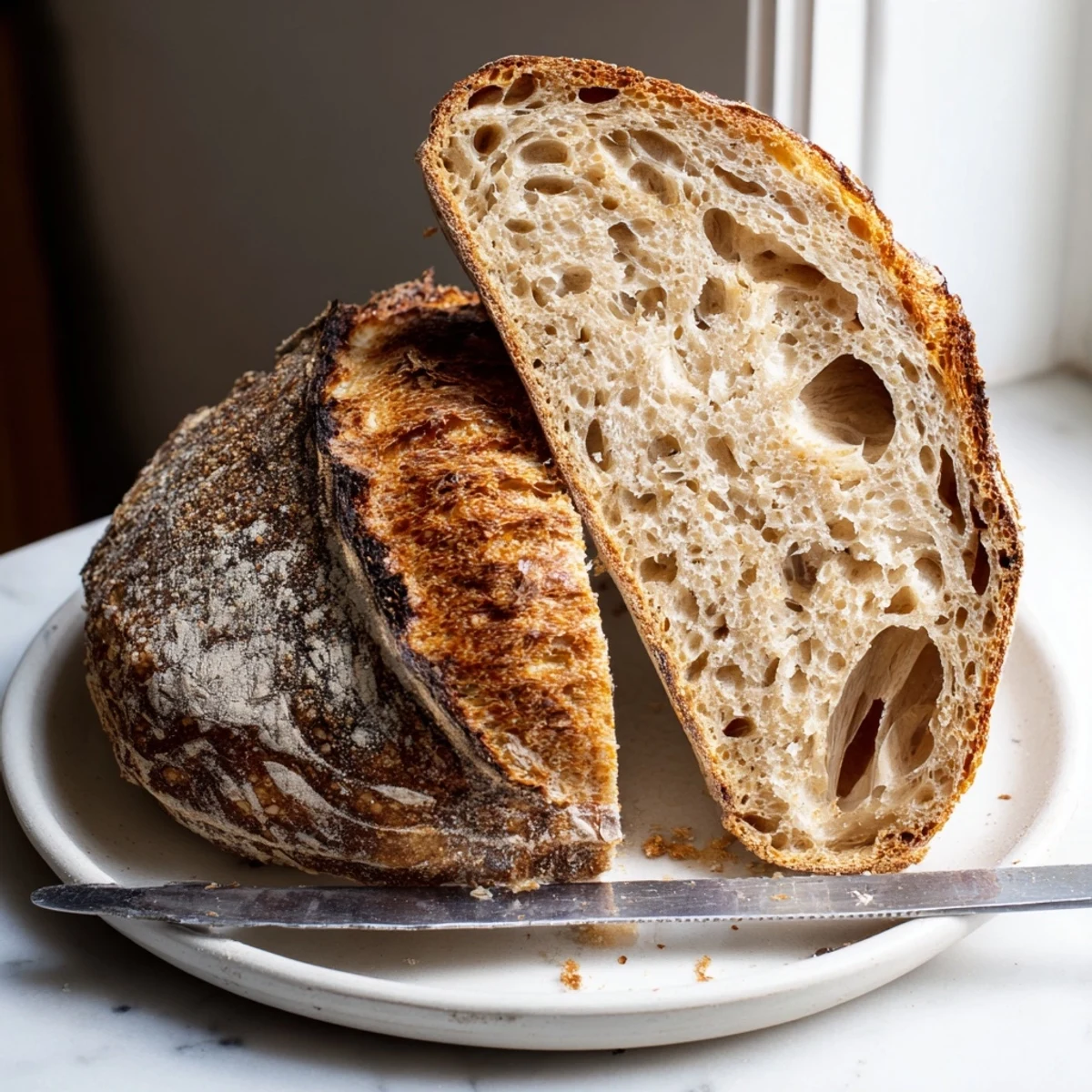 Thick slice of rustic sourdough bread revealing a chewy open crumb texture