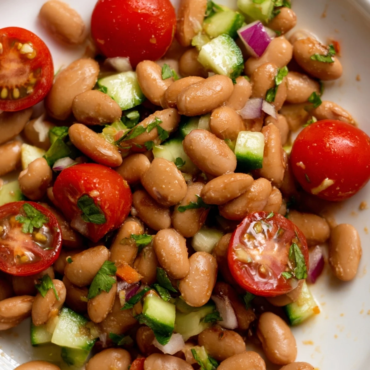 Colorful pinto bean salad with fresh tomatoes, cucumber, and zesty lime dressing