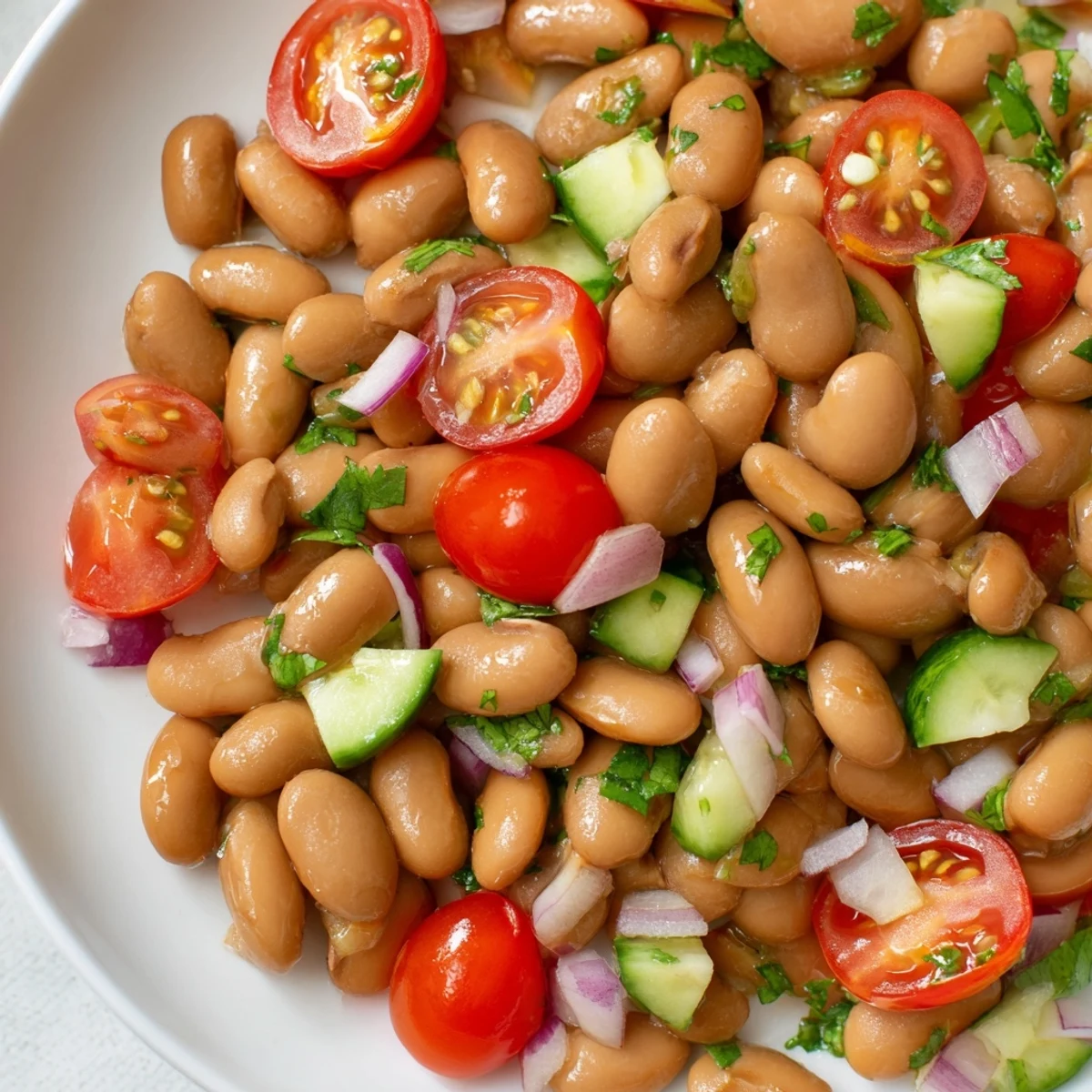Creamy pinto beans tossed with crisp bell pepper and bright cilantro in a bowl