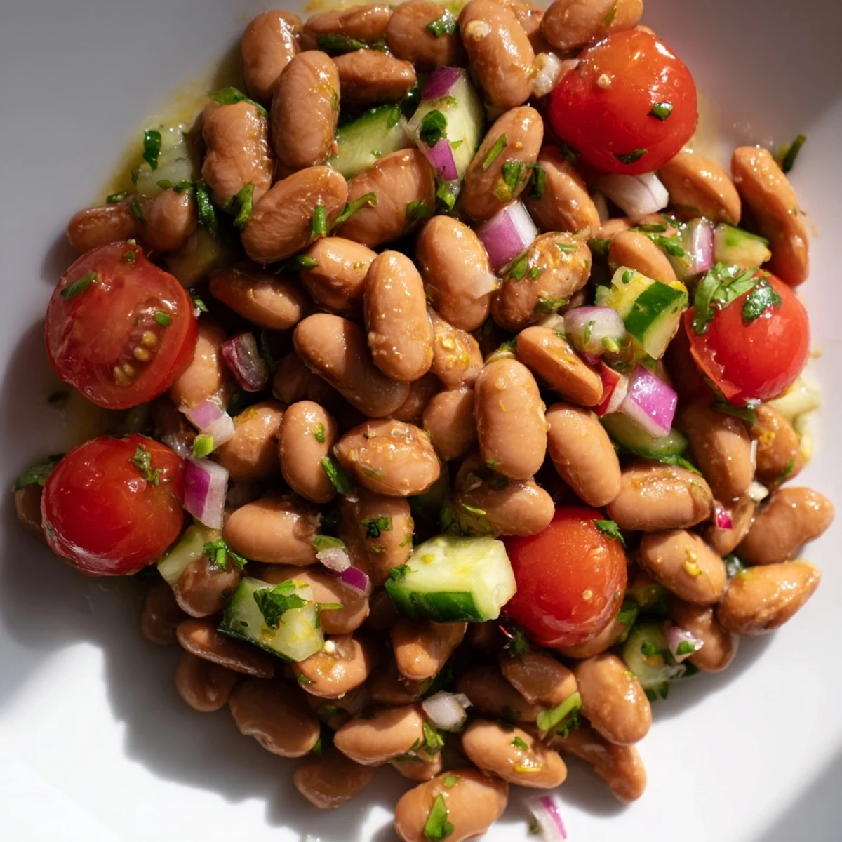 Hearty pinto bean salad garnished with diced vegetables, ready to serve at a summer picnic