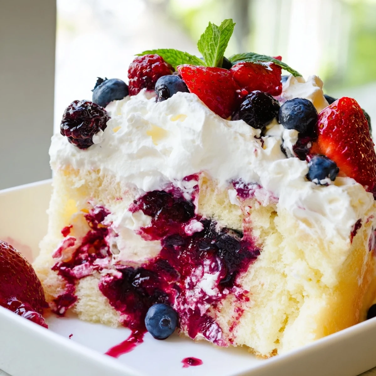 A slice of Summer Berry Poke Cake topped with fresh strawberries and whipped cream