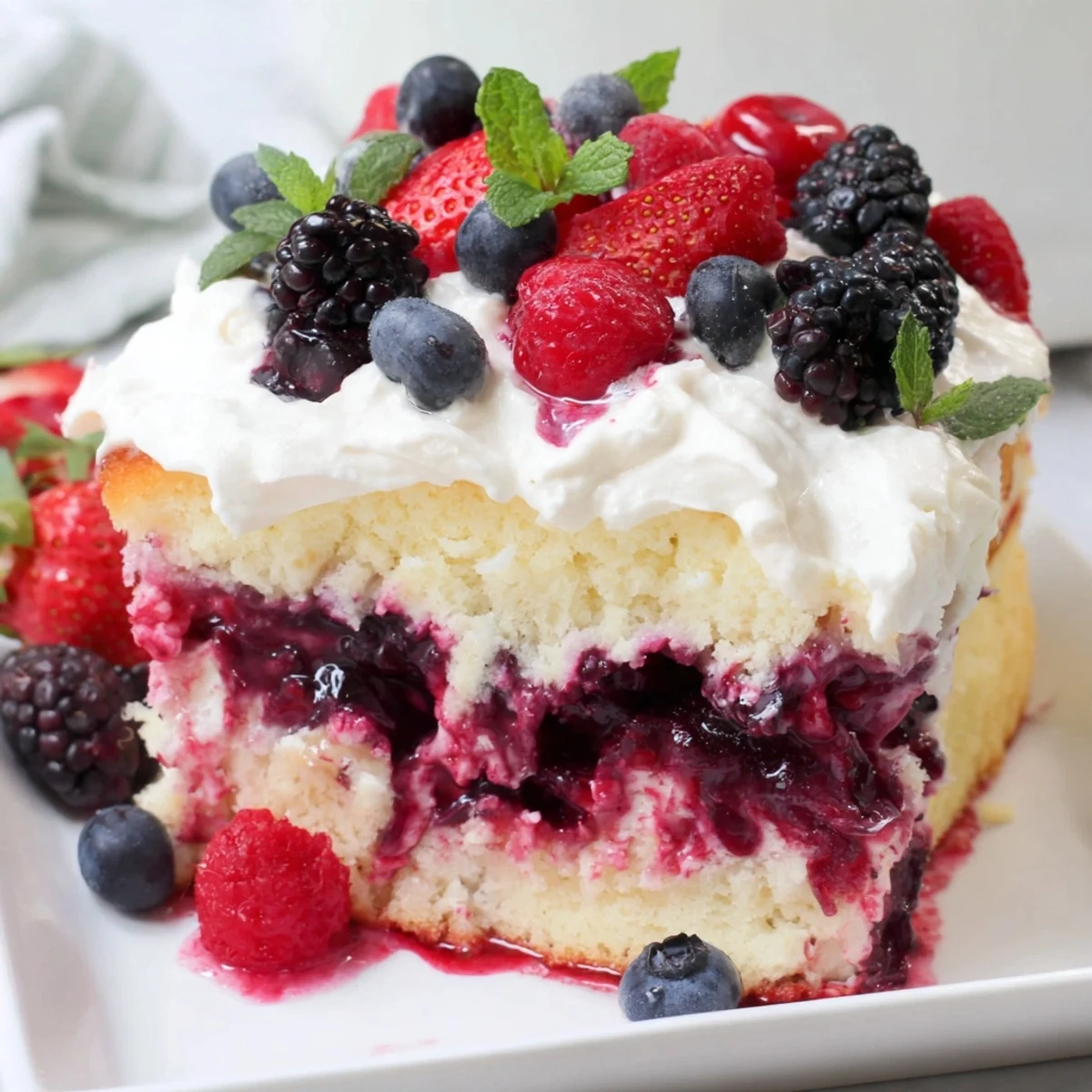 Chilled Summer Berry Poke Cake served on a white plate at a sunny picnic table