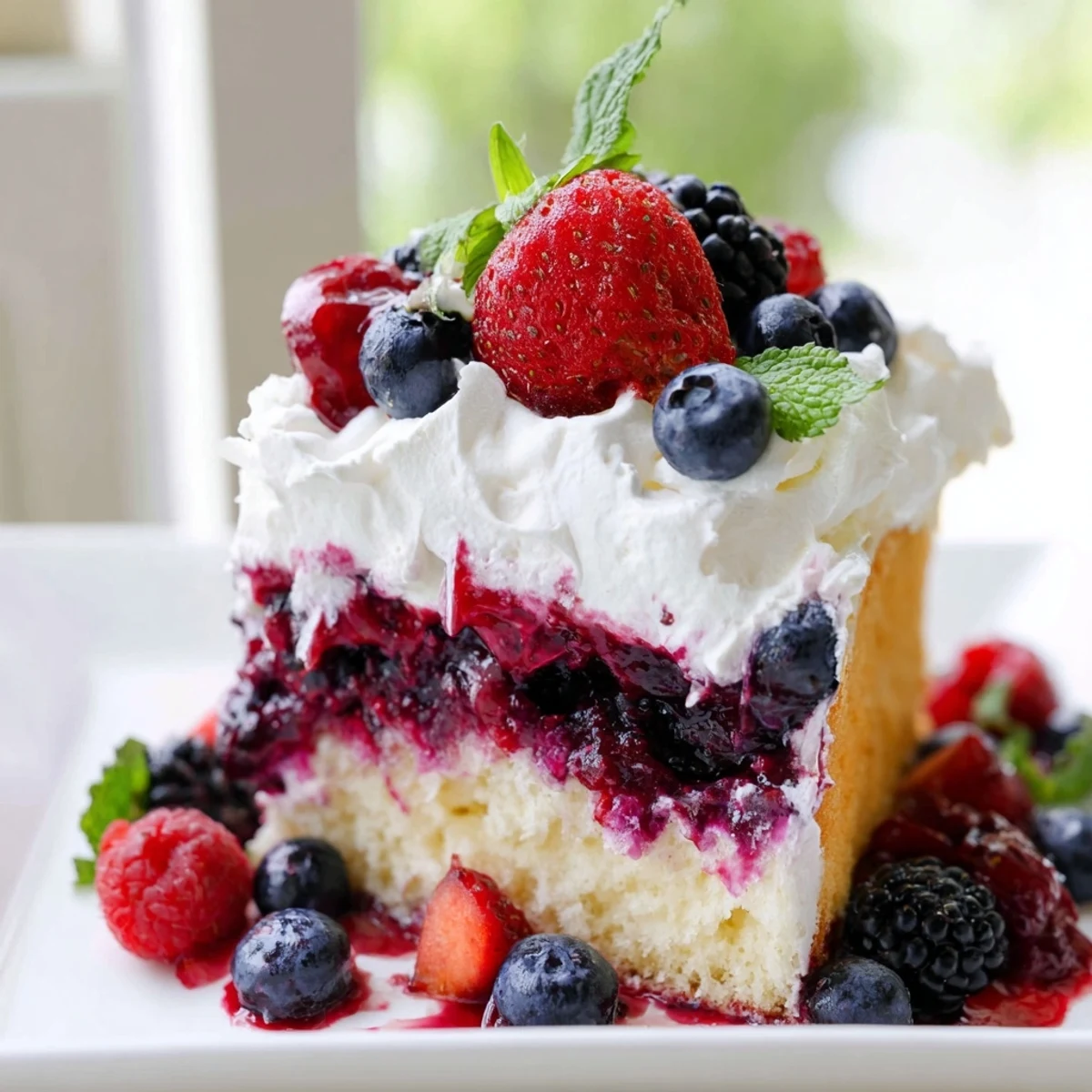 Moist vanilla Summer Berry Poke Cake drizzled with vibrant berry sauce and mint garnish