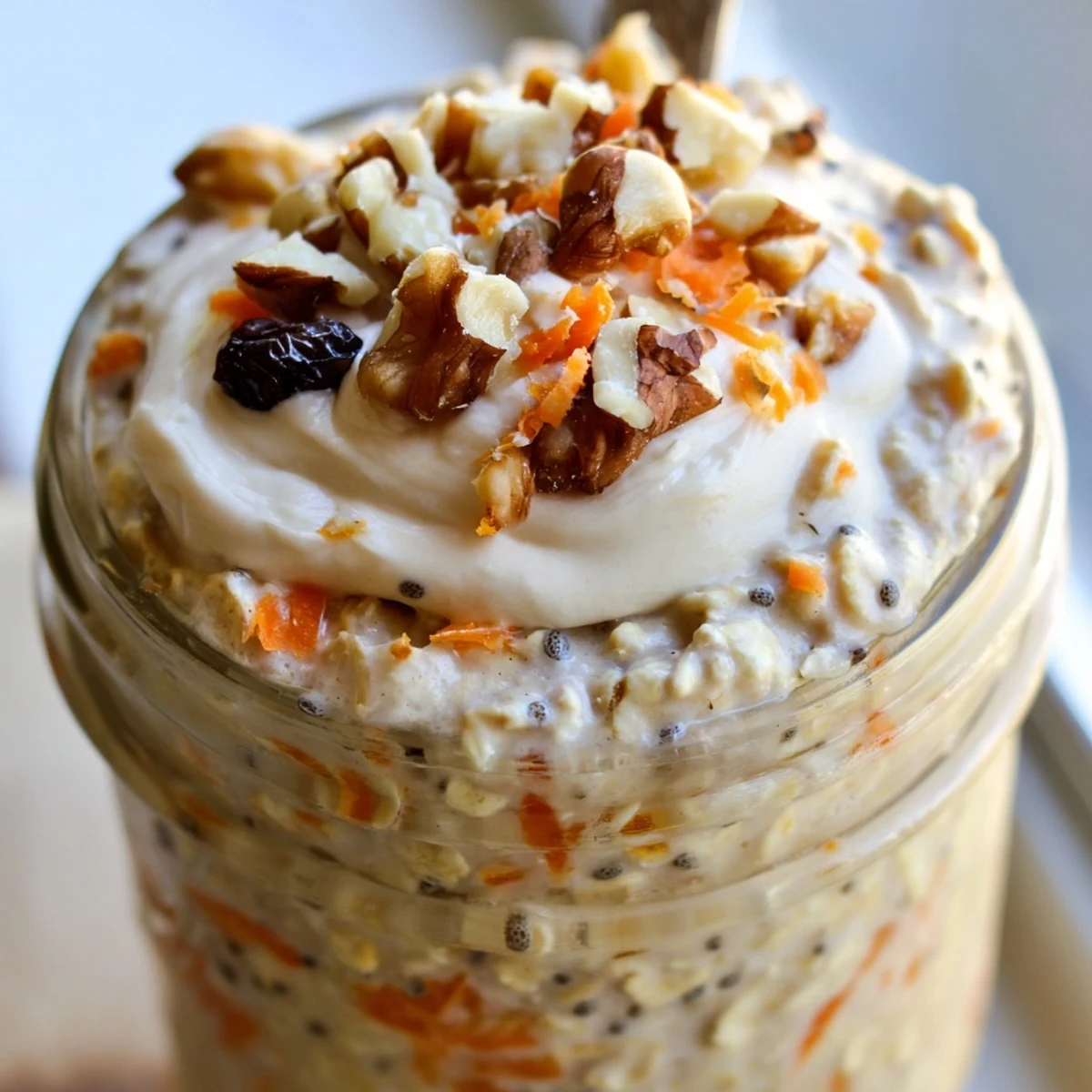 Carrot Cake Overnight Oats topped with cream cheese frosting and crushed walnuts in a mason jar