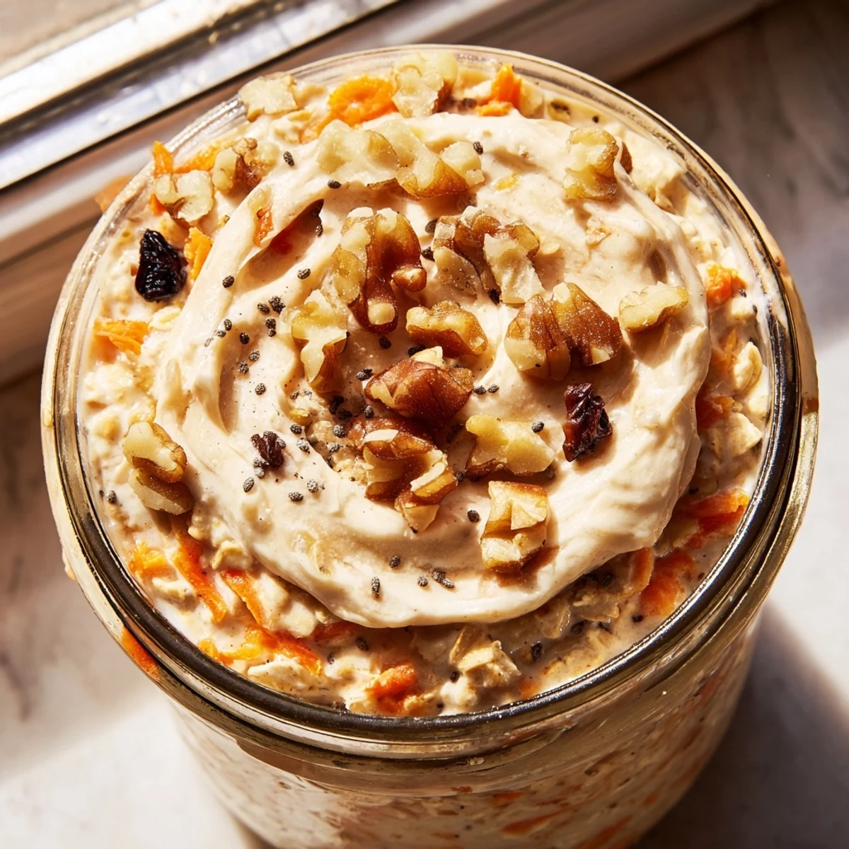 Creamy Carrot Cake Overnight Oats layered with grated carrots, raisins, and warm cinnamon spices