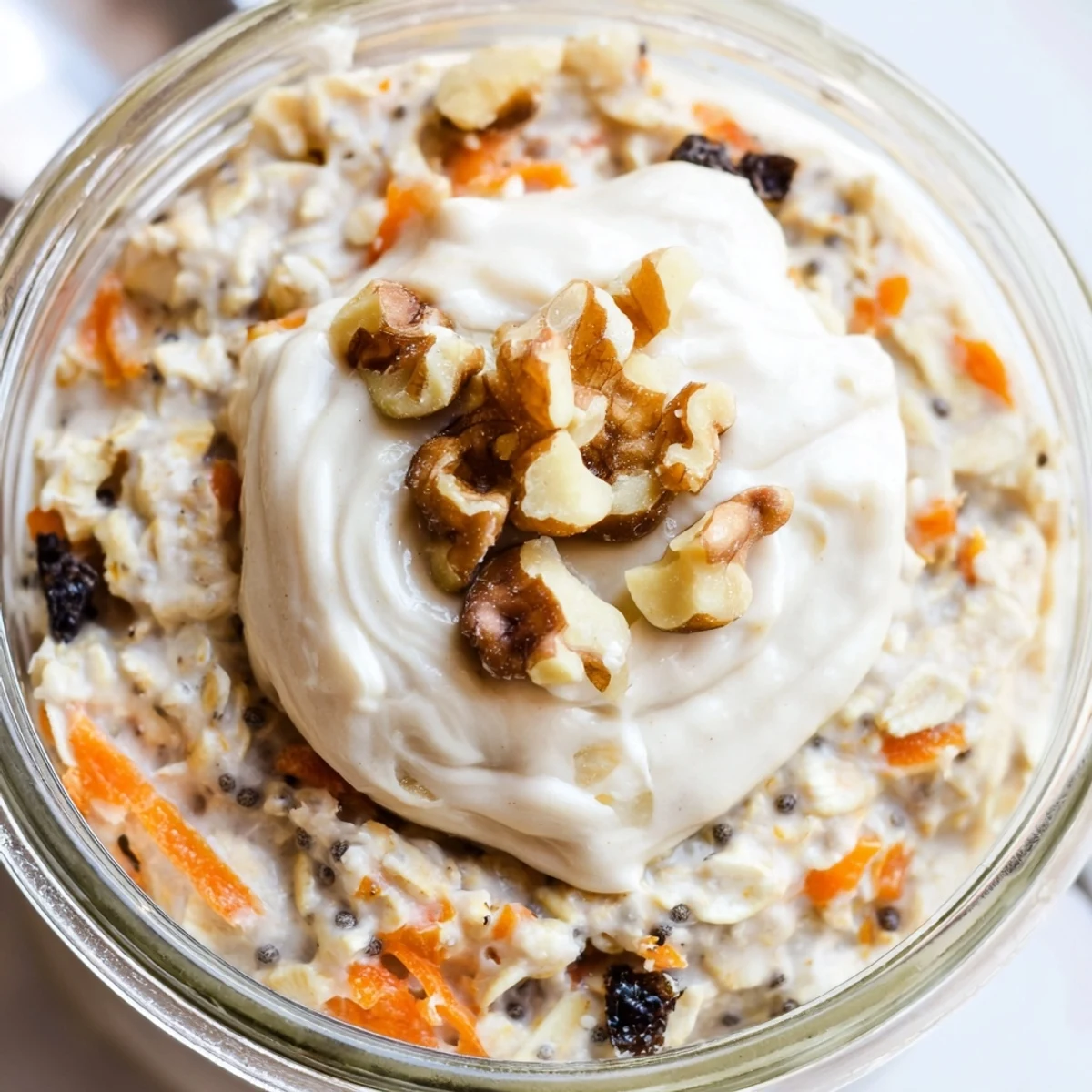 Thick spoonful of Carrot Cake Overnight Oats showcasing tender oats, shredded carrot, and pecan pieces