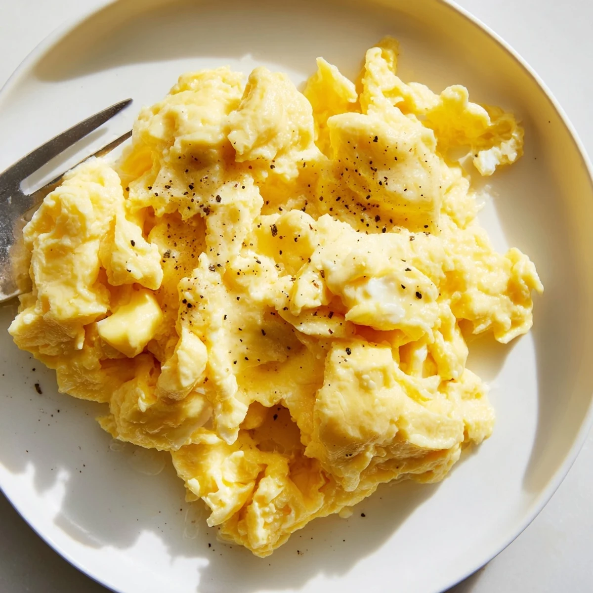 Creamy scrambled eggs piled on a plate with golden soft curds and melted butter