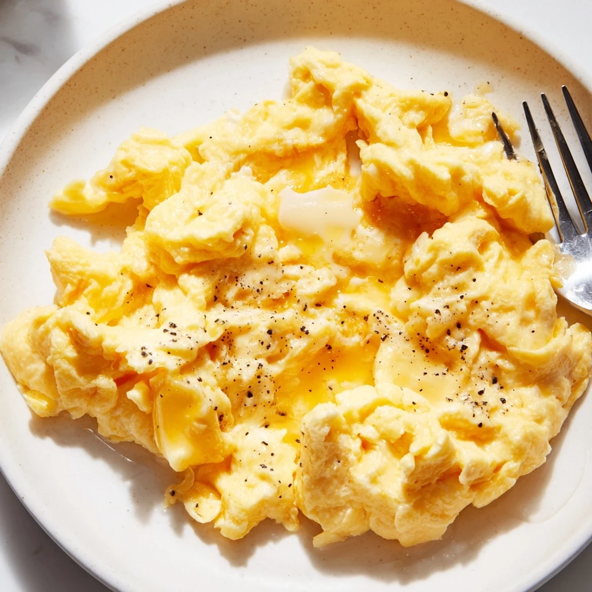 Fluffy scrambled eggs served hot in a skillet with freshly cracked black pepper on top