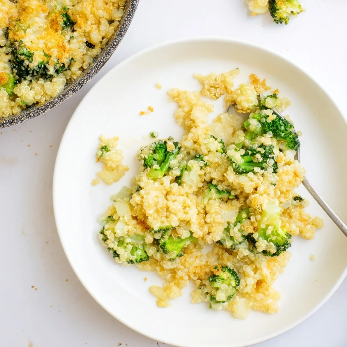 Fluffy quinoa and tender broccoli baked in a rich, bubbly creamy sauce for dinner