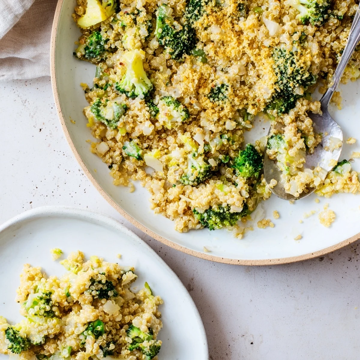 Golden creamy broccoli quinoa casserole fresh from the oven, topped with melted cheddar