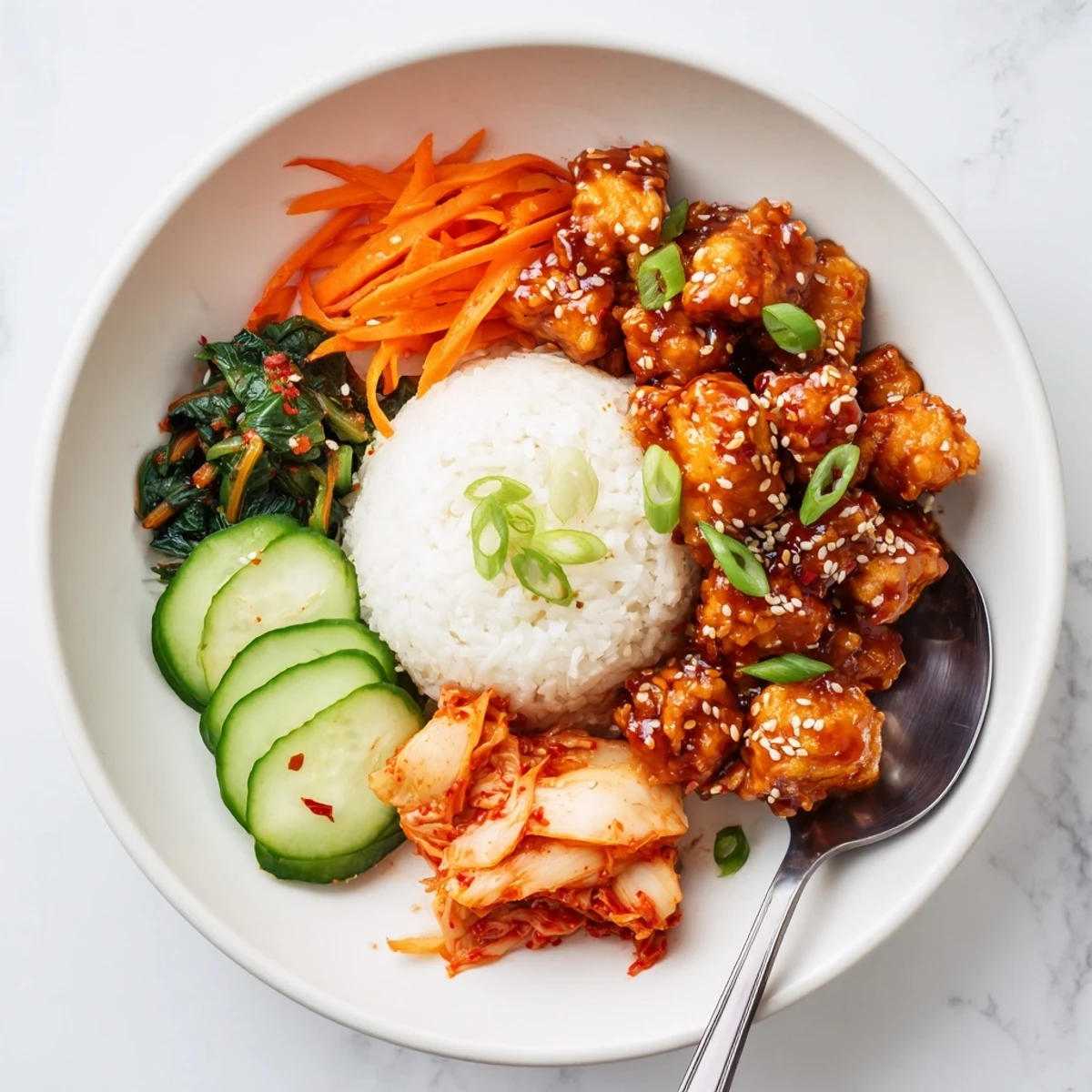 Crispy shredded tofu bulgogi bowl over warm rice with julienned carrots and cucumber