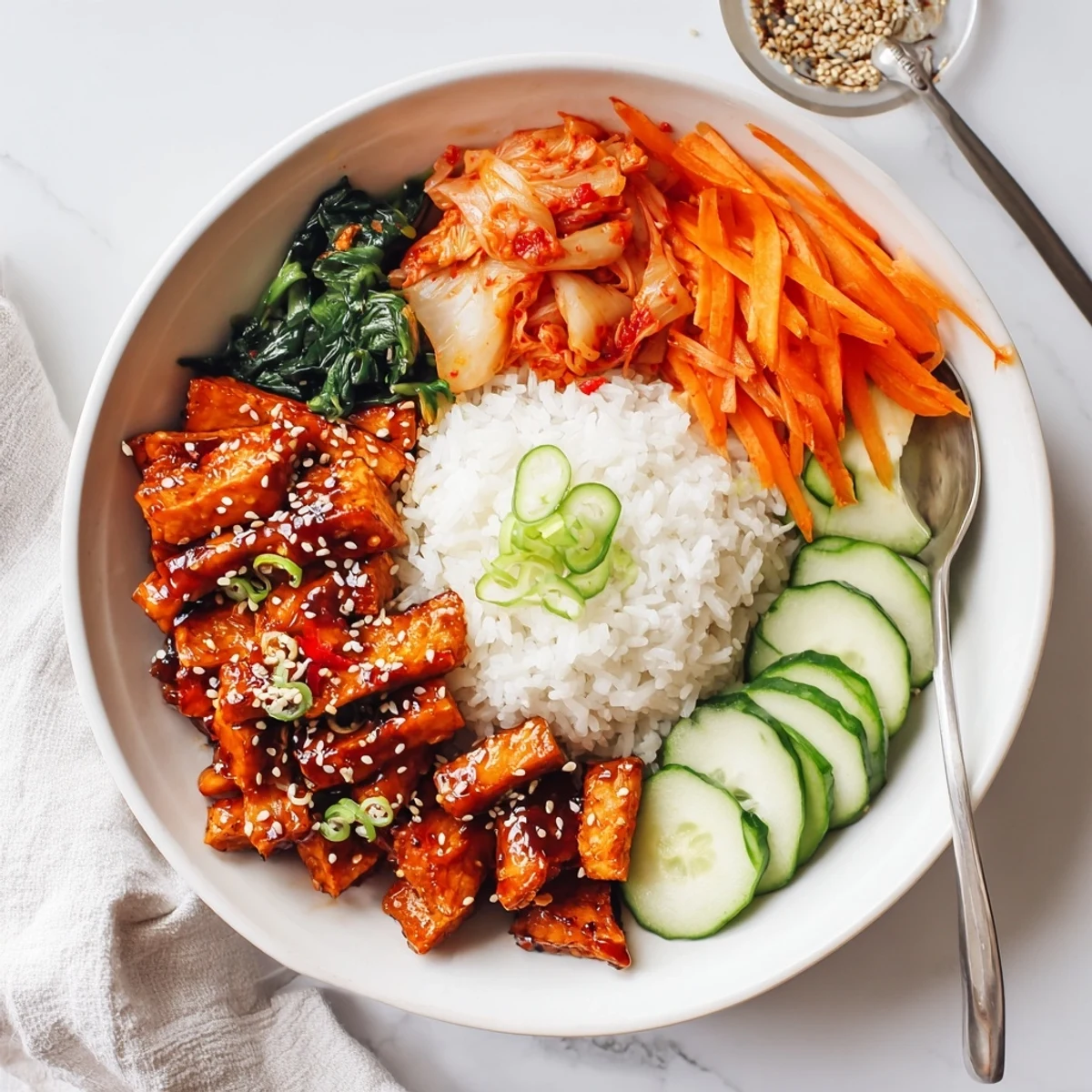 Vegan crispy shredded tofu bulgogi bowl drizzled with sweet savory sauce and kimchi
