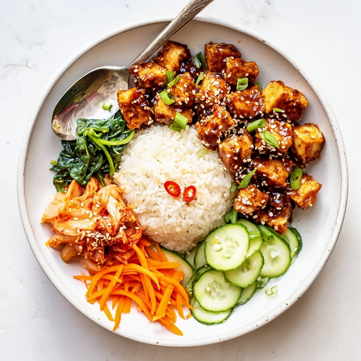 Golden crispy shredded tofu bulgogi bowl garnished with sesame seeds and fresh chili