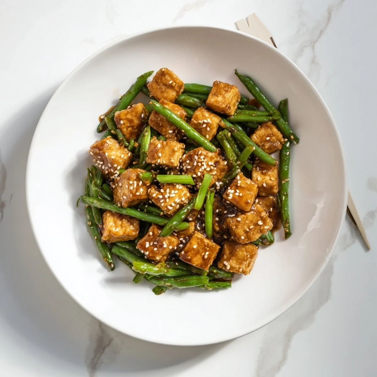 Golden crispy black pepper tofu and tender green beans in a glossy peppery sauce