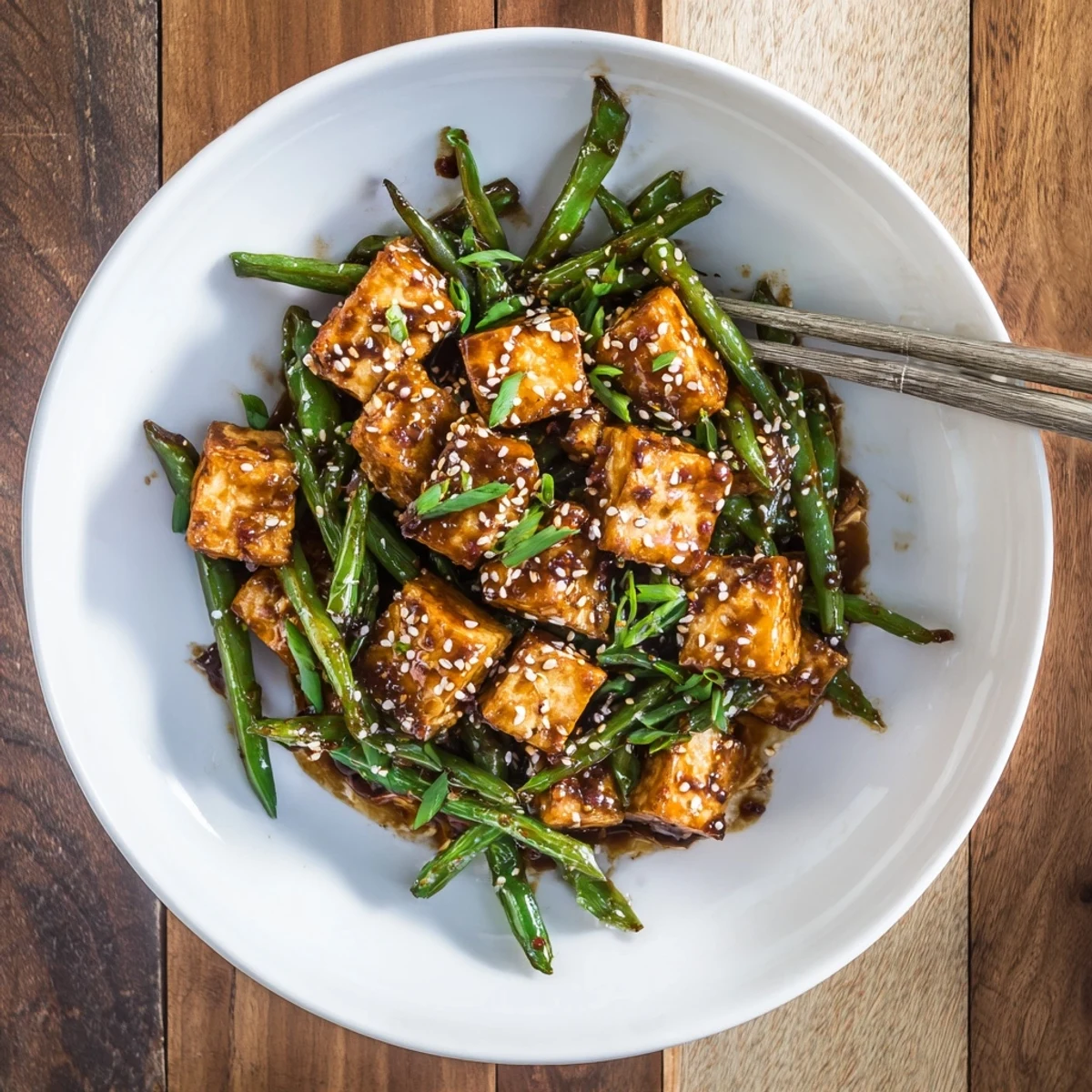 Crispy black pepper tofu stir-fried with bright green beans and scallion garnish on a plate