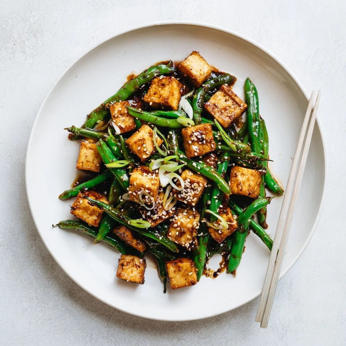 A steaming bowl of crispy black pepper tofu with green beans served over rice