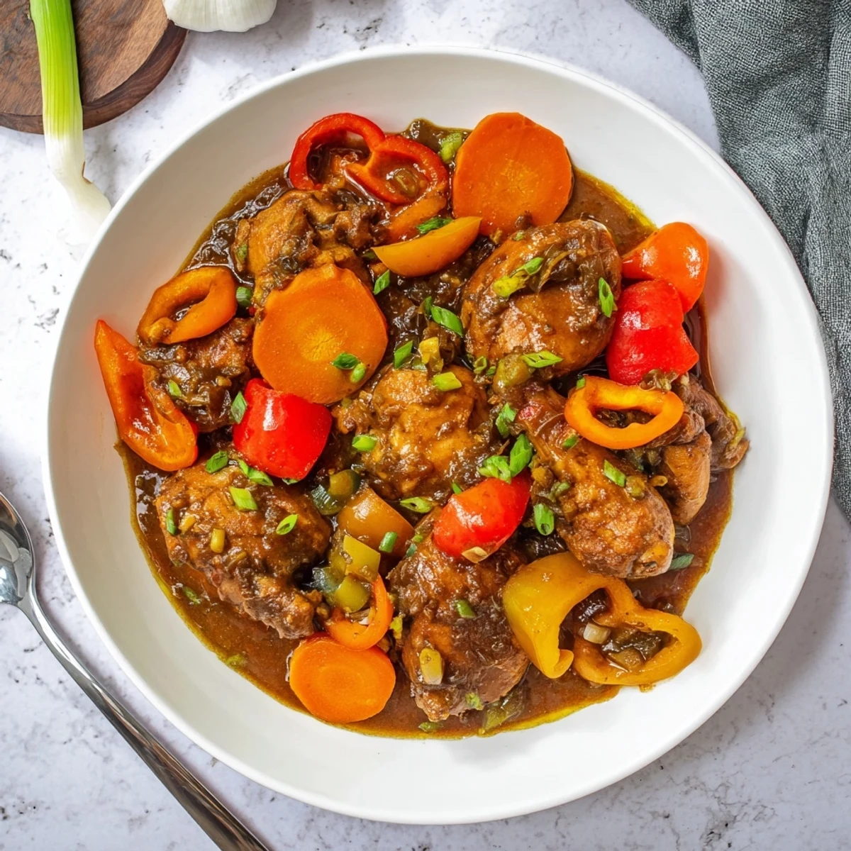 Jamaican brown stew chicken simmering in a rich dark gravy with sliced bell peppers