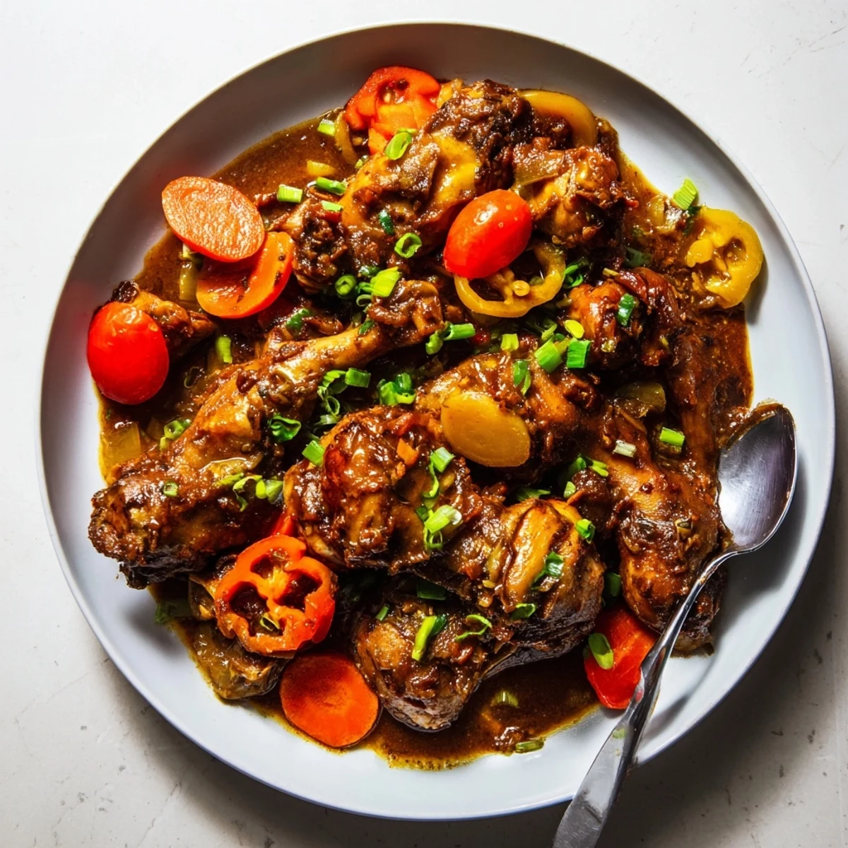 Browned Jamaican brown stew chicken pieces resting in a thick spiced tomato-based sauce
