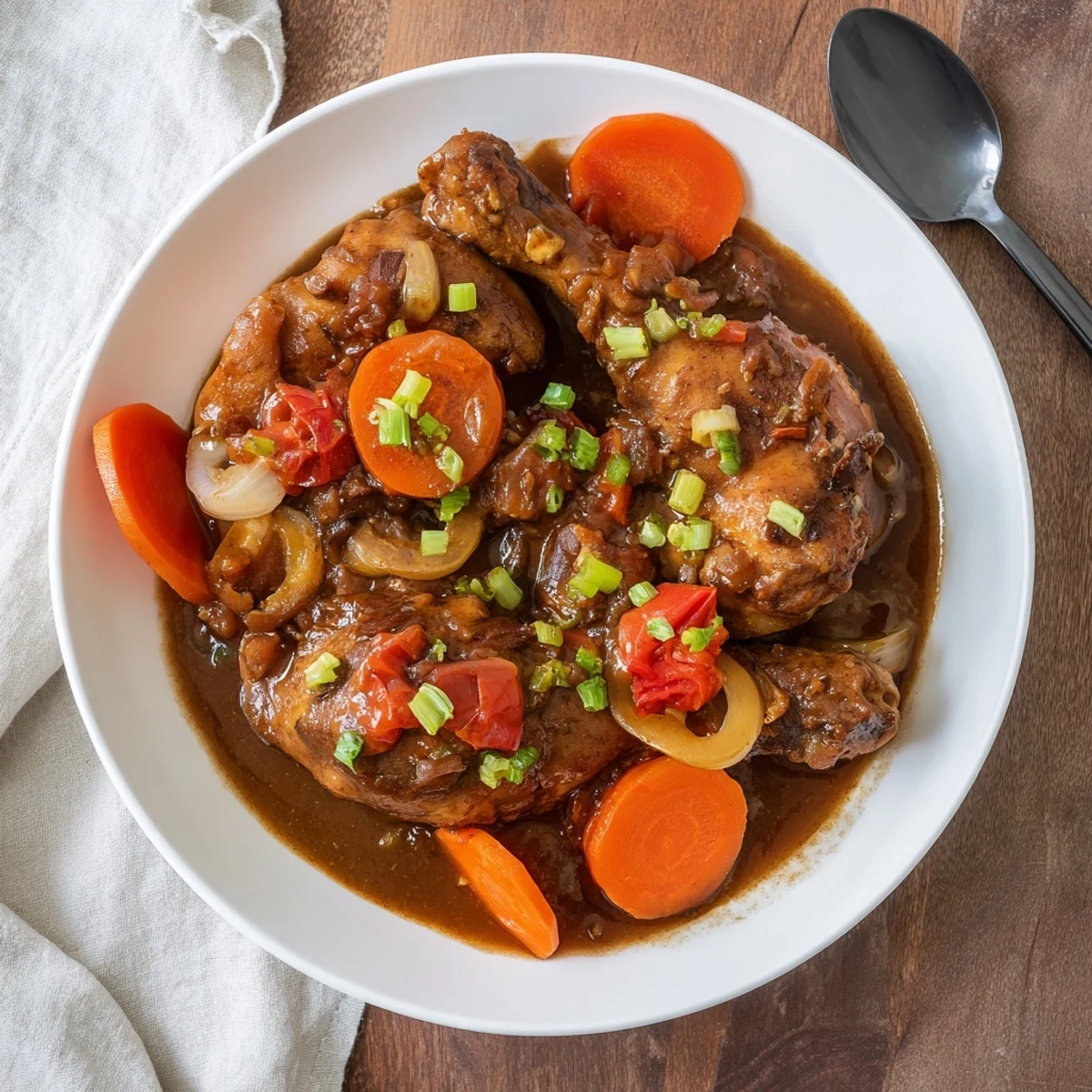 Tender Jamaican brown stew chicken served over steamed white rice with caramelized carrots