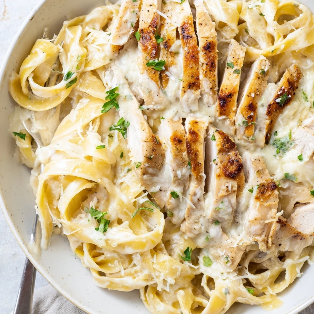 Creamy Garlic Chicken Pasta on a plate with parsley, steaming and glossy