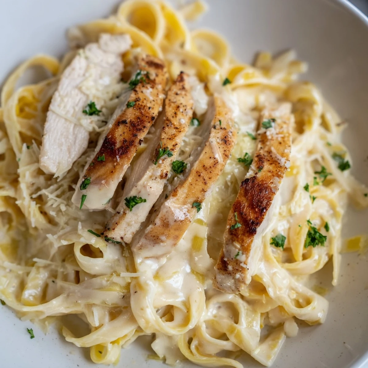 Sliced chicken over fettuccine in Creamy Garlic Chicken Pasta, rich fragrant sauce