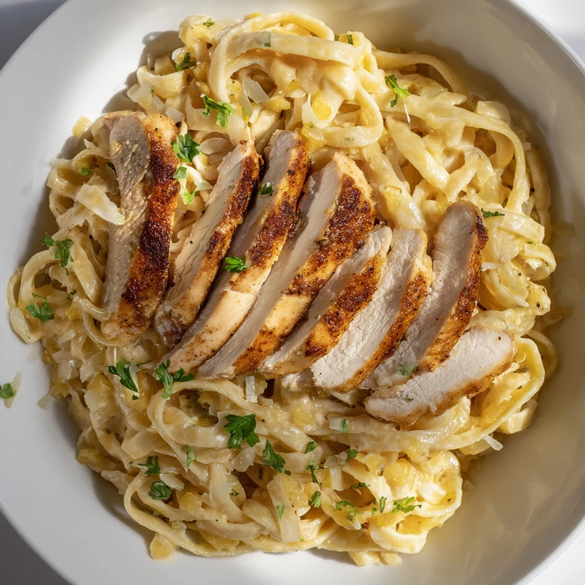 Homestyle Creamy Garlic Chicken Pasta served with extra Parmesan and crusty bread