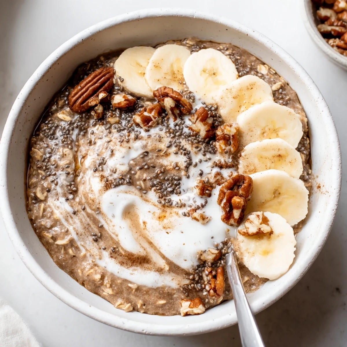 Mason jar of Brown Sugar Coffee Overnight Oats, chilled and ready for mornings.