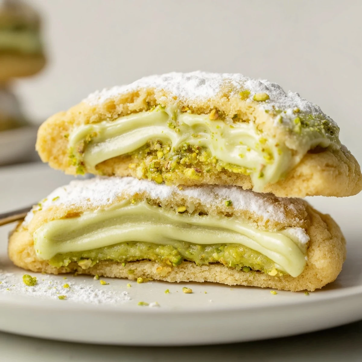 Pistachio Cream Cookies with golden edges and creamy pistachio filling, plated.