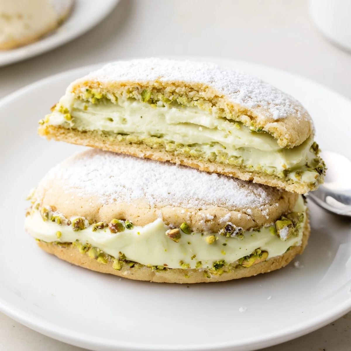 Stacked Pistachio Cream Cookies showing nutty green filling, perfect for teatime.