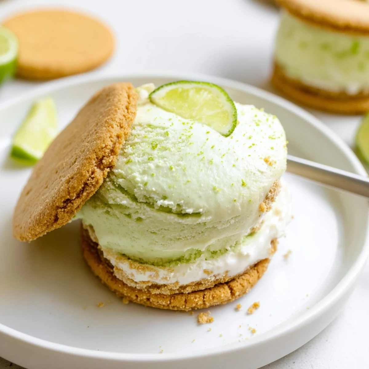 Key Lime Pie Ice Cream Sandwiches with zesty lime filling and golden graham cookies