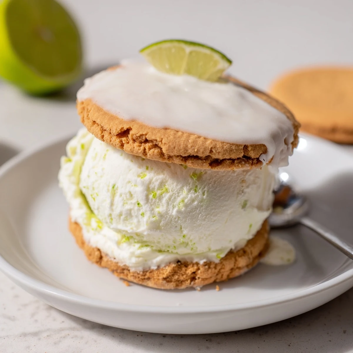 Chilled Key Lime Pie Ice Cream Sandwiches, creamy tart center nestled between crisp cookies