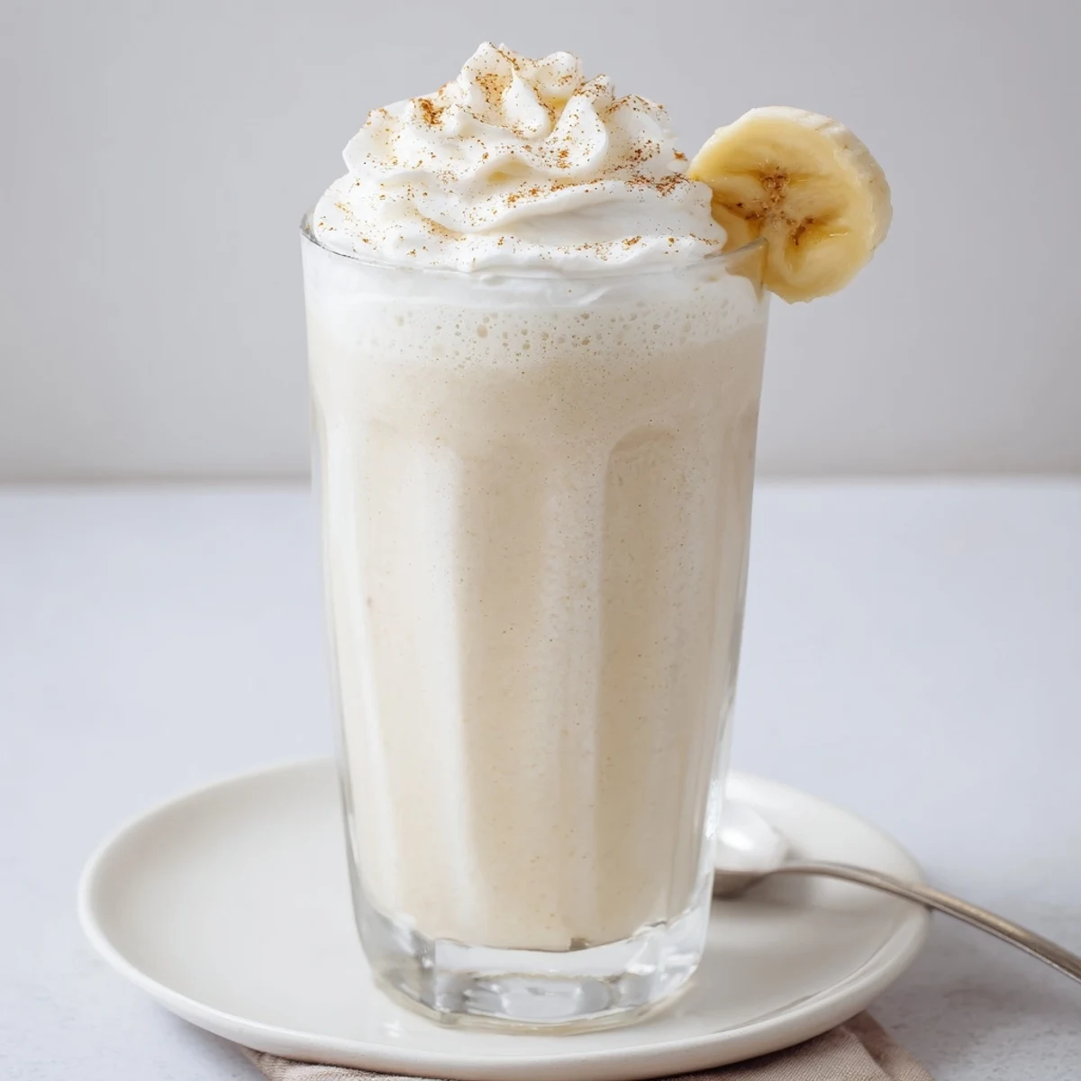 Creamy Vanilla Banana Shake poured into chilled glass, topped with banana slice  