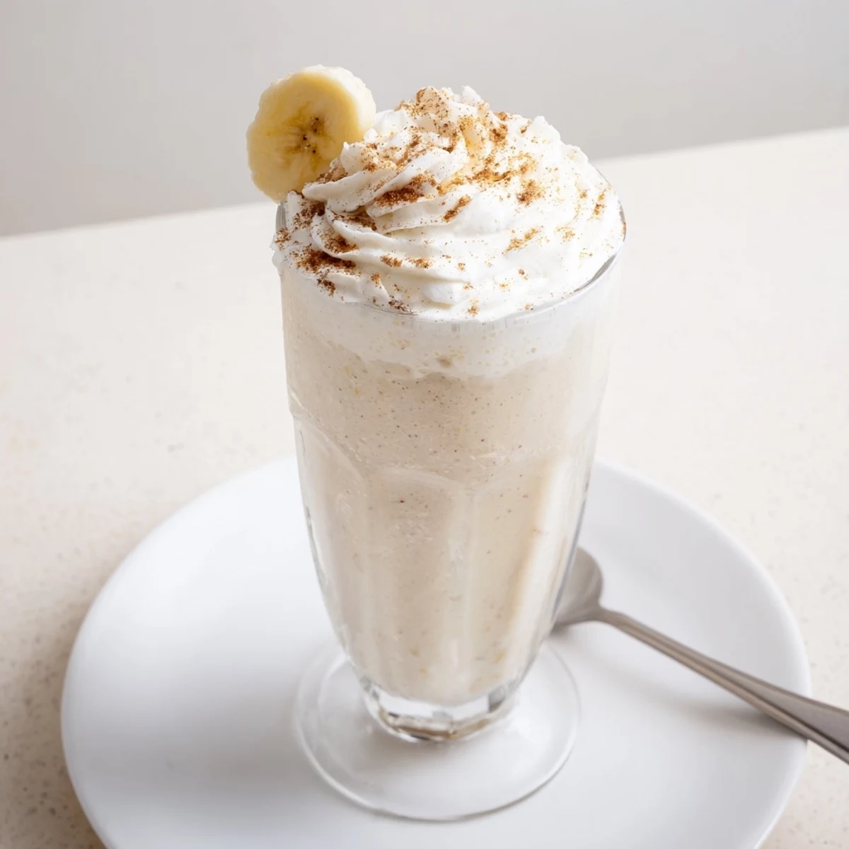 Silky Vanilla Banana Shake chilled with ice, garnished by whipped cream