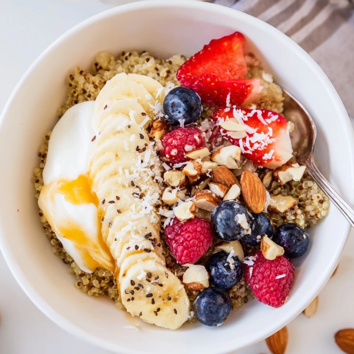 Colorful Quinoa Breakfast Bowl arranged with berries, chia, coconut, ready to eat.