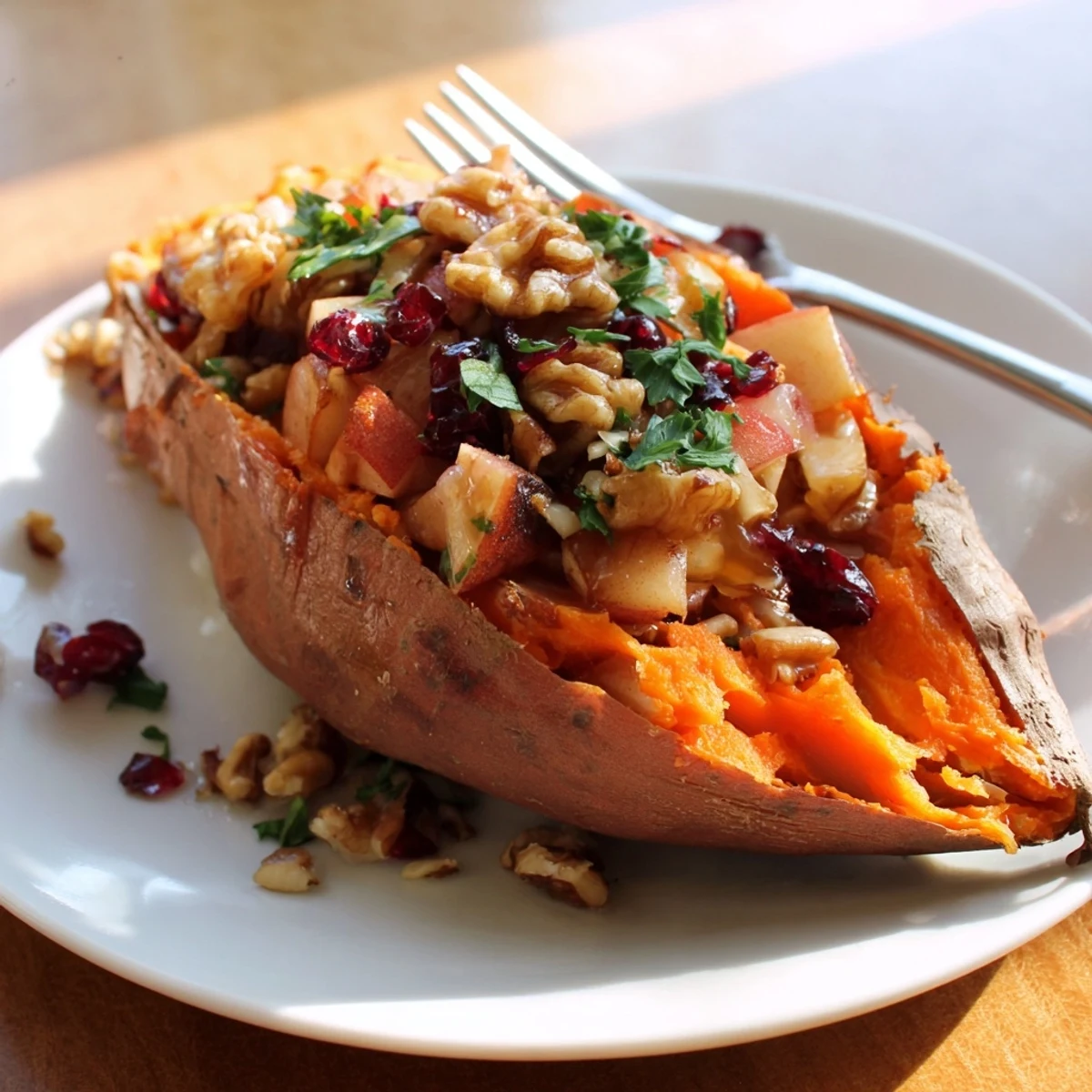 Cinnamon-scented Stuffed Sweet Potatoes With Apples topped with crunchy walnuts