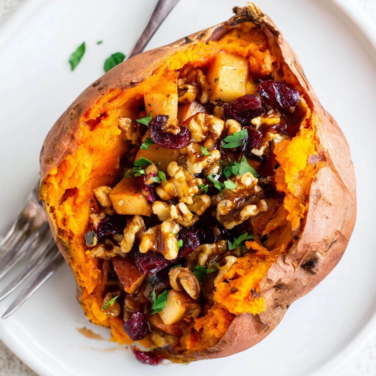 Oven-roasted Stuffed Sweet Potatoes With Apples, maple drizzle and dried cranberries