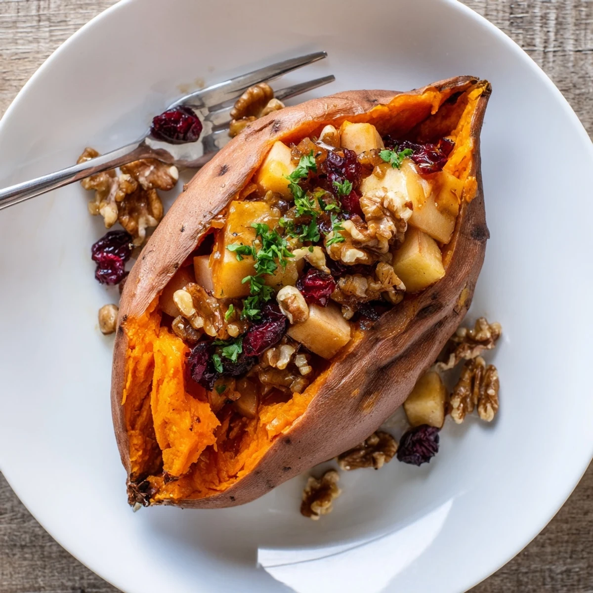 Warm bowl of maple-sweet filling spooned into Stuffed Sweet Potatoes With Apples