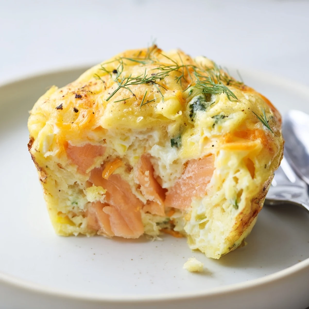 Breakfast Smoked Salmon Egg Muffins garnished with dill, served warm with lemon