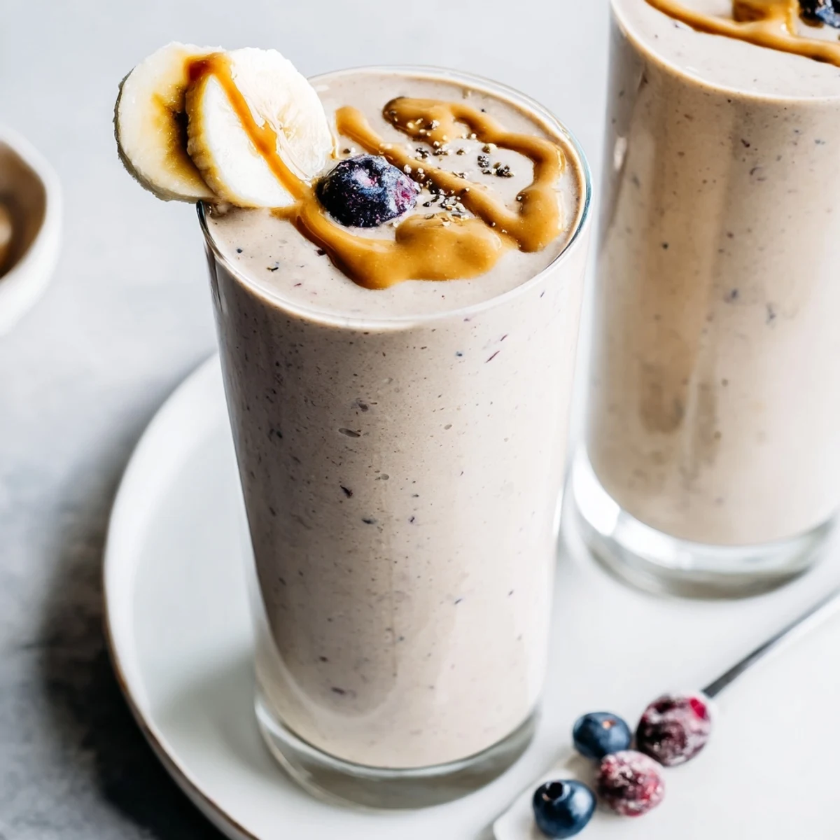 High Protein Smoothie in tall glass, creamy berry and banana aroma, morning boost