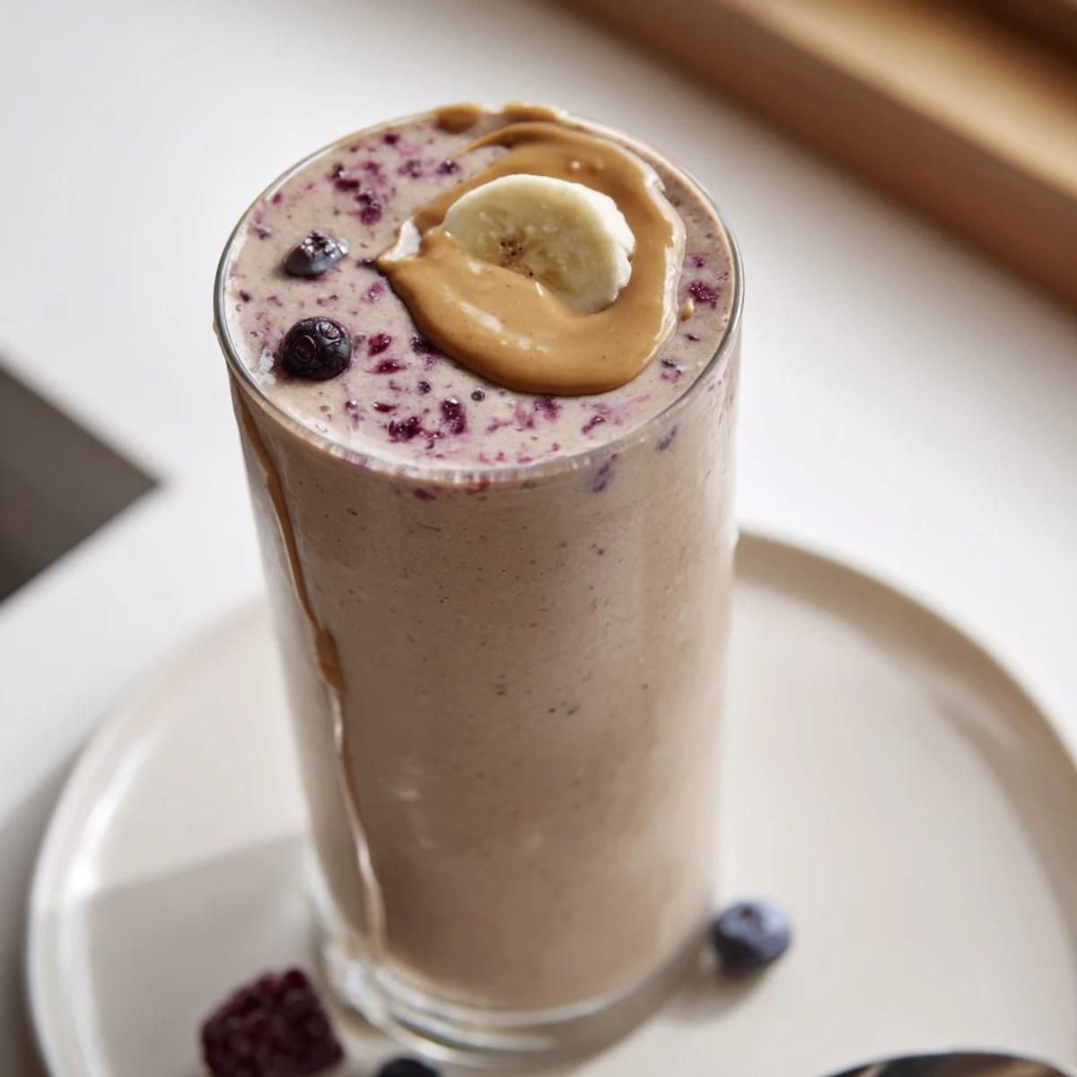 Creamy High Protein Smoothie poured beside blender, topped with chia seeds