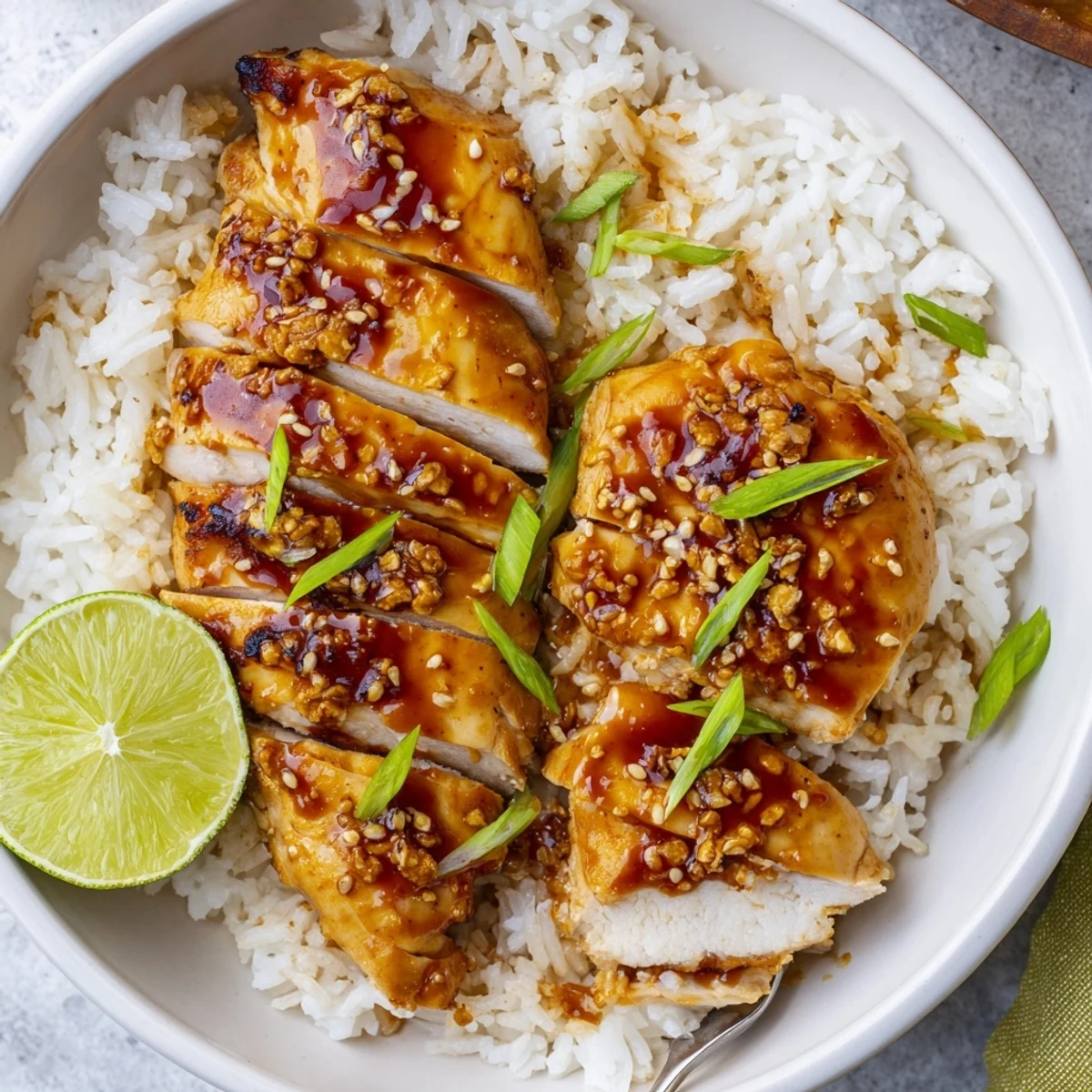 Spicy Maple Chicken And Coconut Rice glistening with sticky maple glaze, steamed jasmine  
