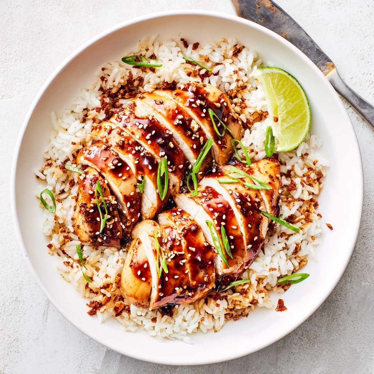 Fork-tender Spicy Maple Chicken And Coconut Rice topped with green onions and lime  