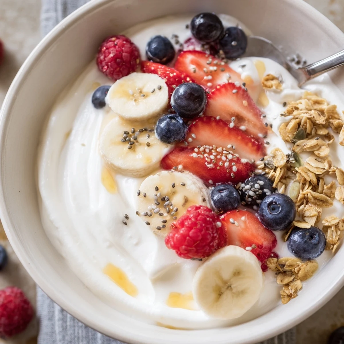Creamy Cottage Cheese Breakfast Bowl arranged with sliced banana, chia seeds, spoon nearby.