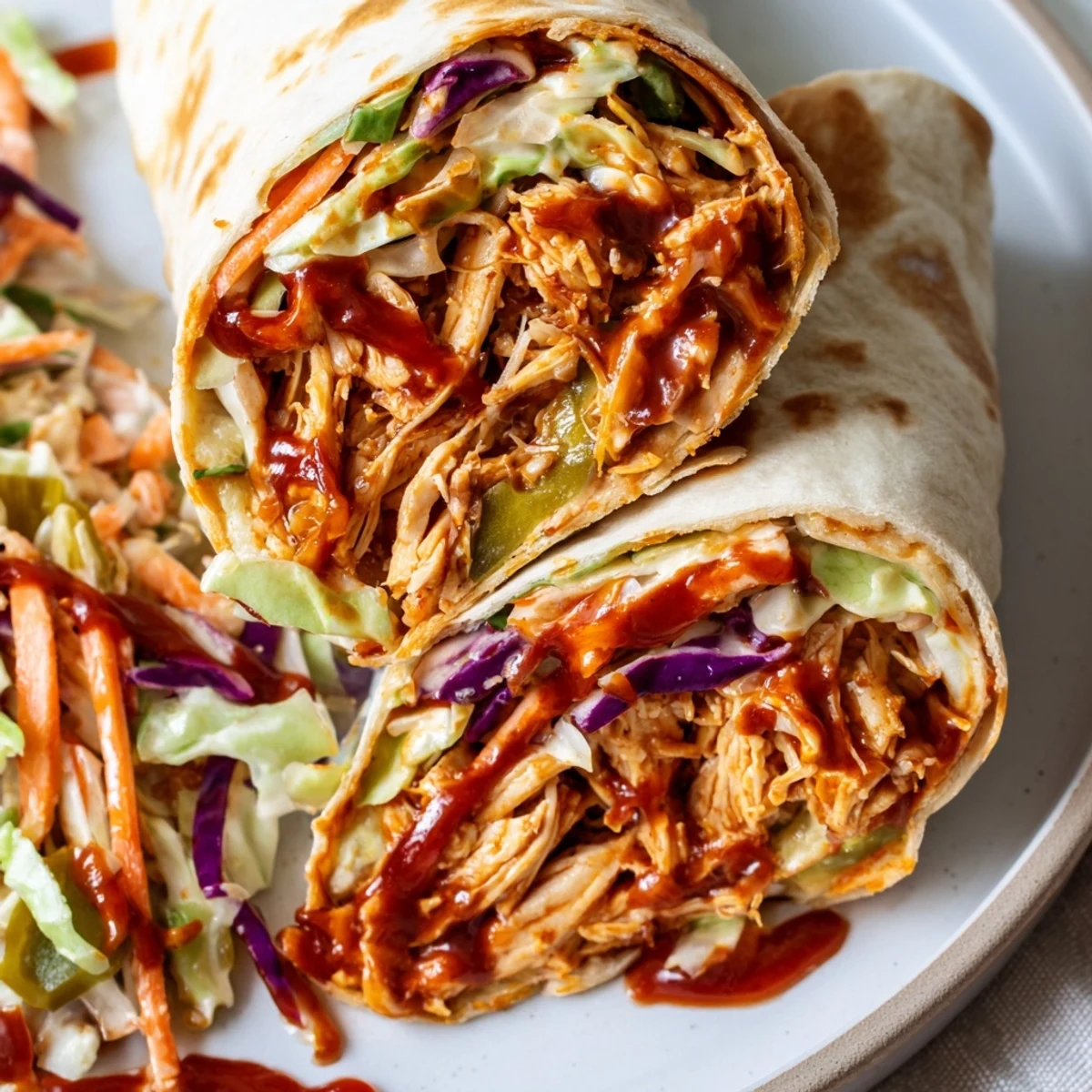 Bbq Chicken Coleslaw Wraps with smoky chicken, crisp slaw, warm tortilla halves