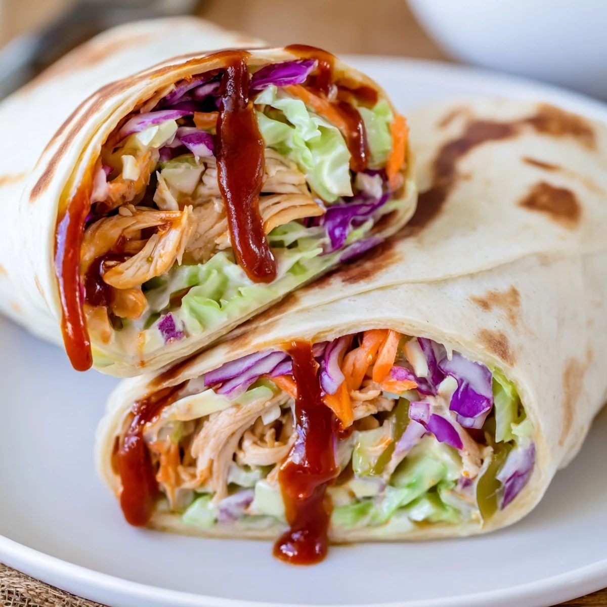 Stack of Bbq Chicken Coleslaw Wraps cut in half, vibrant slaw peeking
