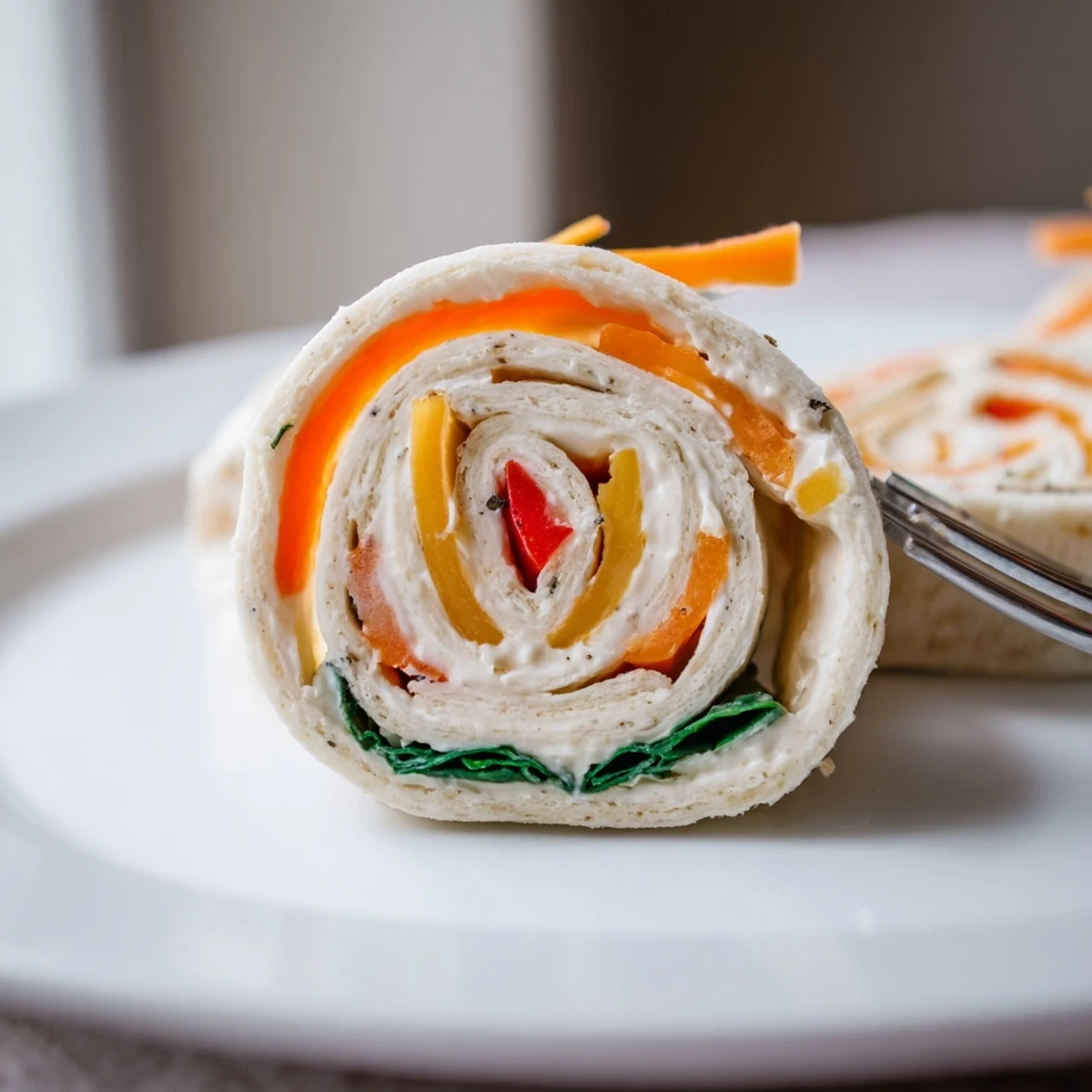 Pinwheel Sandwiches on a party platter, colorful veggies and cream cheese swirl