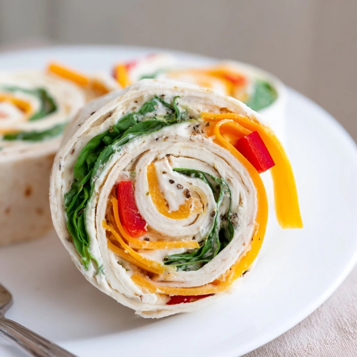 Chilled Pinwheel Sandwiches sliced into rounds, tender tortillas with crunchy carrots