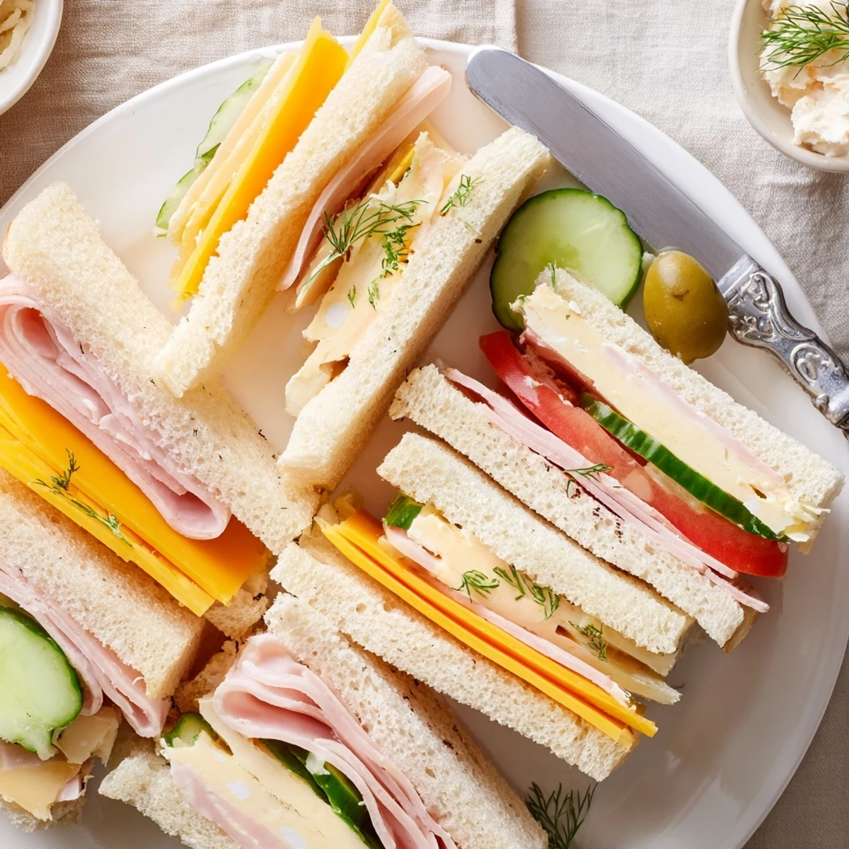 Platter of Mini Sandwiches with soft bread, cheddar, cucumber, and dill