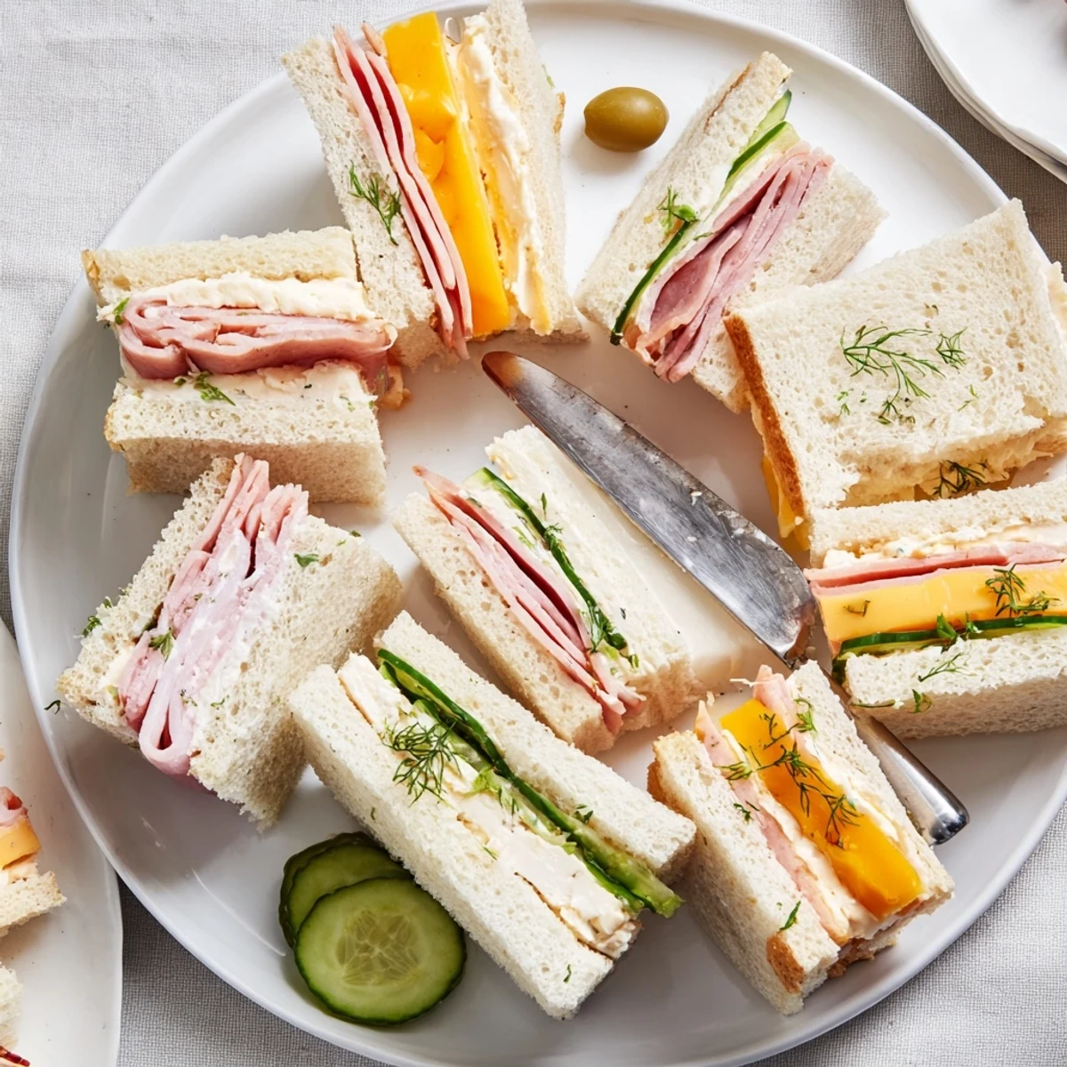 Mini Sandwiches cut into quarters, cream cheese spread and crisp tomato