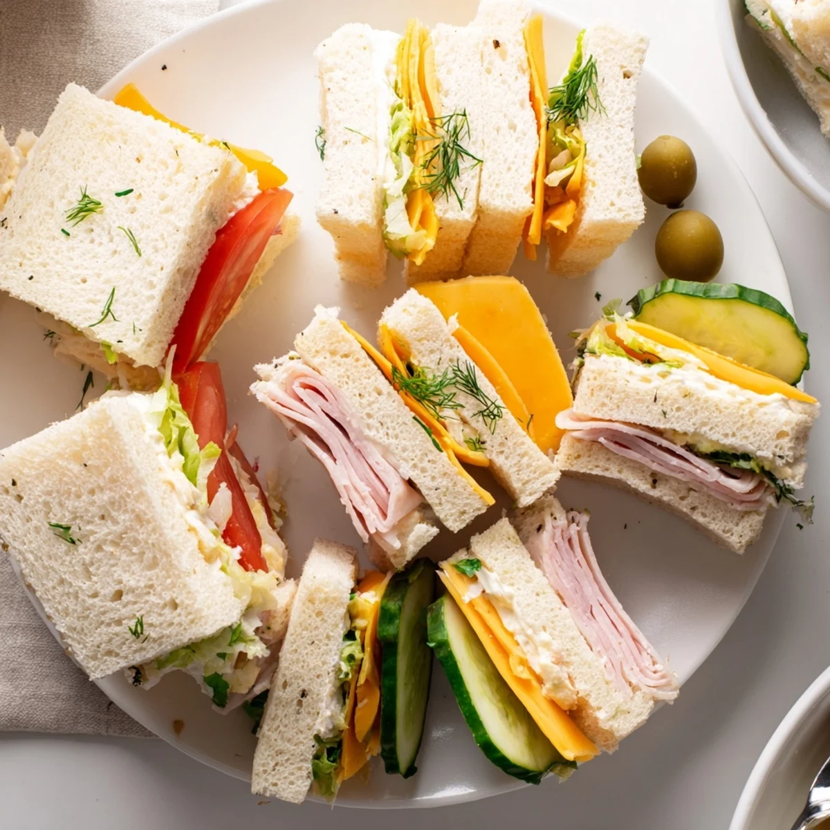 A picnic-ready display of Mini Sandwiches, herb garnish, pickles, sparkling lemonade